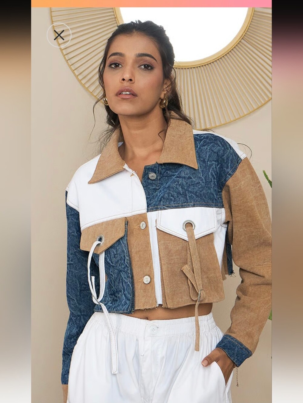 Thrill Patchwork Cropped Jean Jacket in Blue, White & Tan Distressed Medium